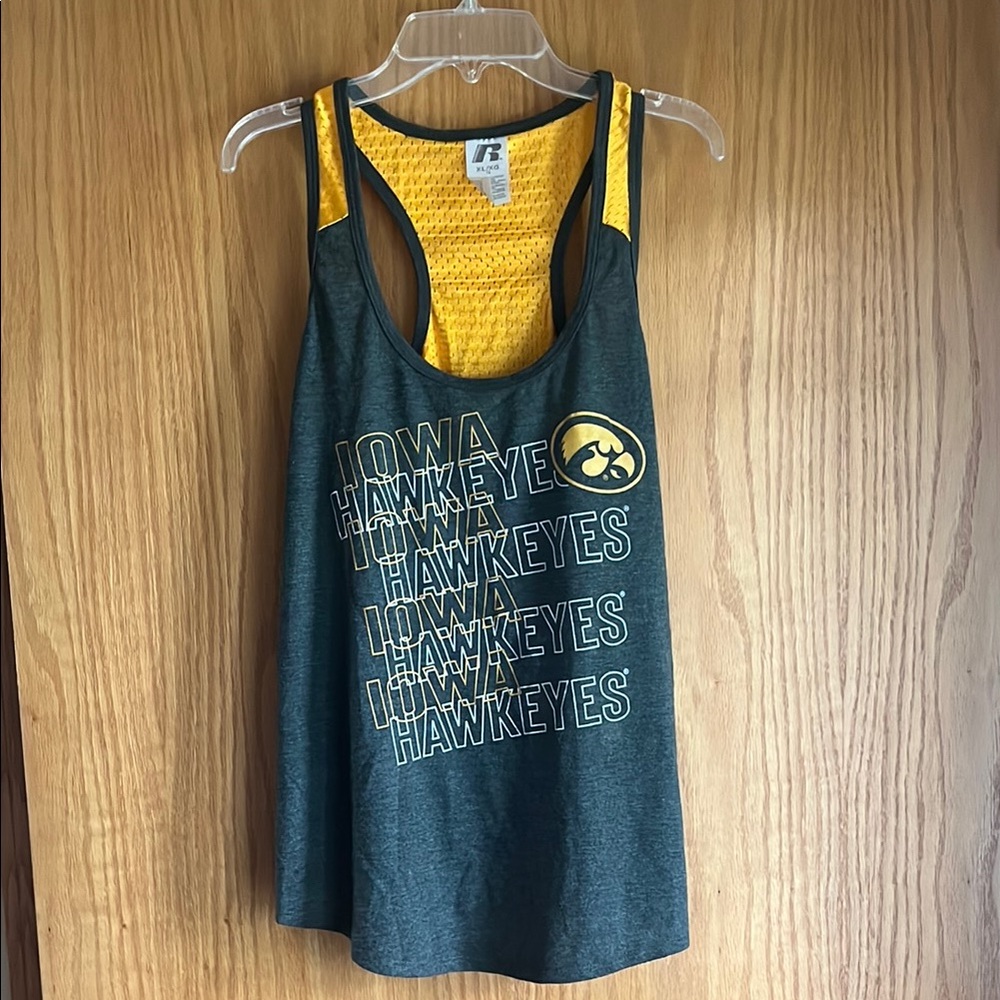 IOWA HAWKEYES RUSSELL ATHLETIC GOLD MESH INSERT XL GREY TANK